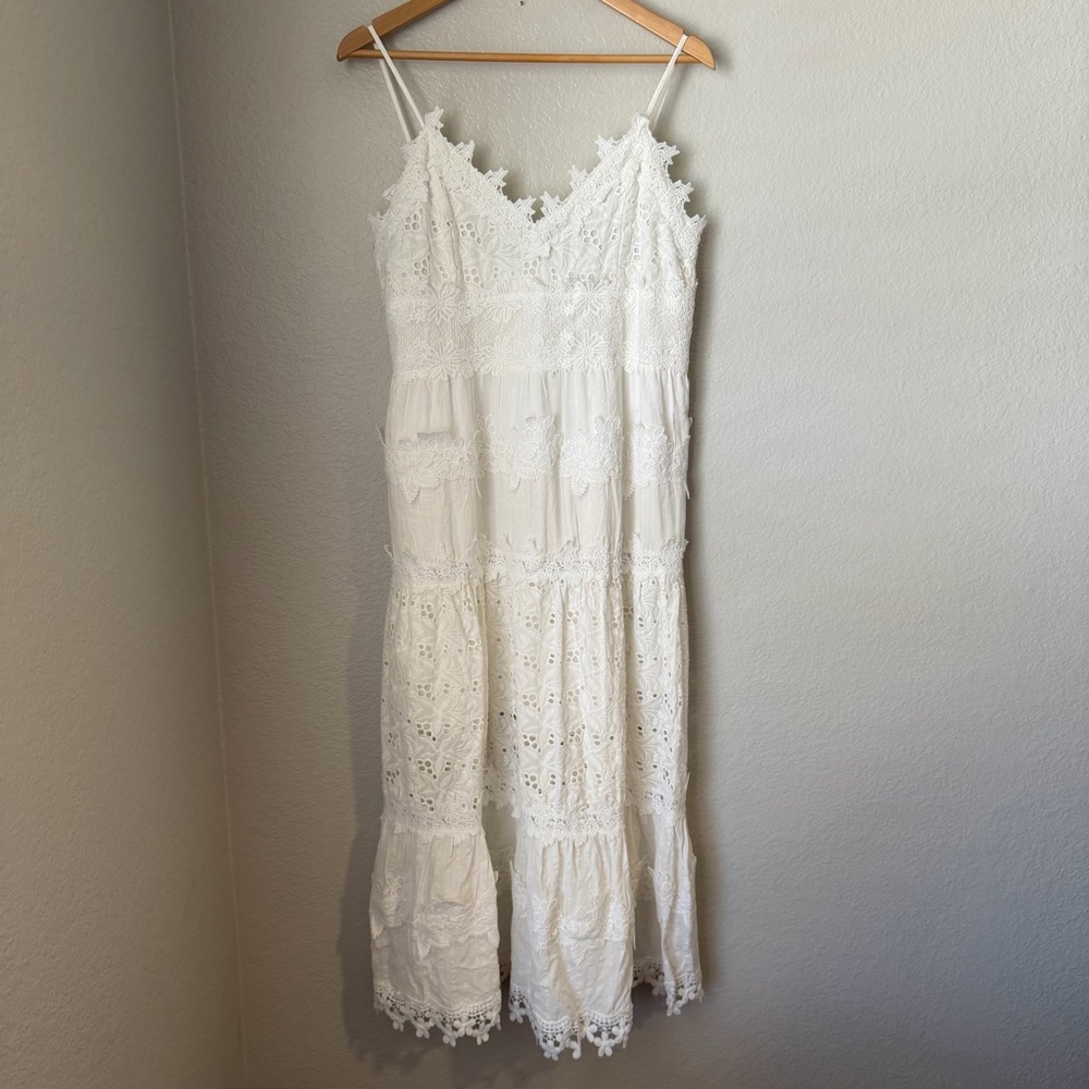 POL Embroidered Lace Eyelet Midi Dress White Cotton Boho Cottagecore Beach XL - Picture 2 of 10